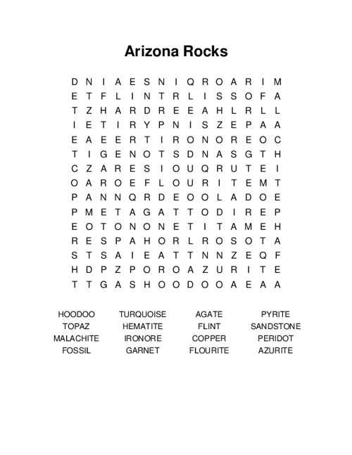 Arizona Rocks Word Search Puzzle