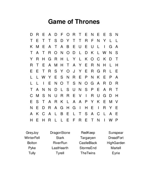 Game of Thrones Word Search Puzzle