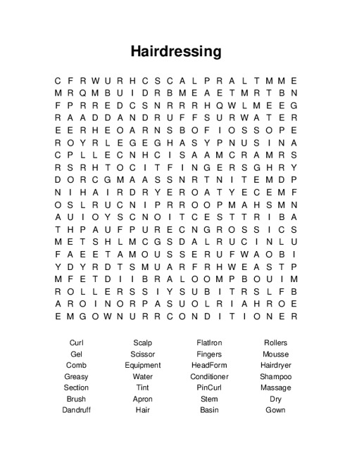 Hairdressing Word Search Puzzle