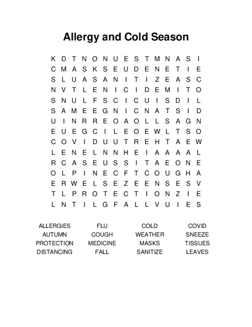 Allergy and Cold Season Word Search Puzzle