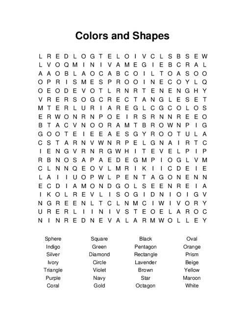 Colors and Shapes Word Search Puzzle