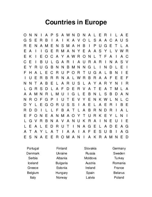 Countries in Europe Word Search Puzzle
