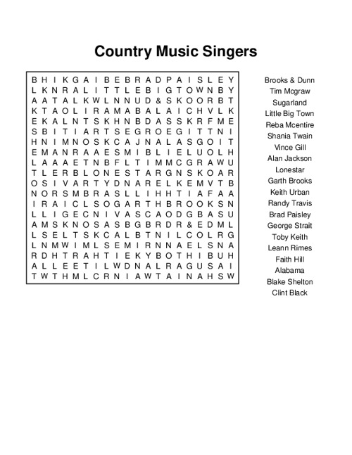 Country Music Singers Word Search Puzzle