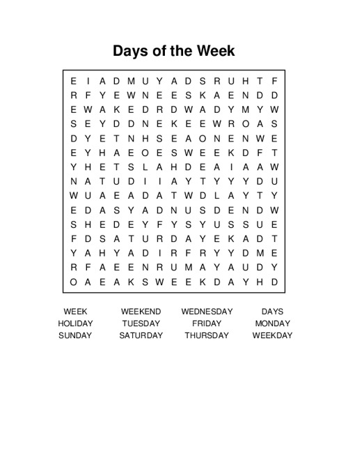 Days of the Week Word Search Puzzle