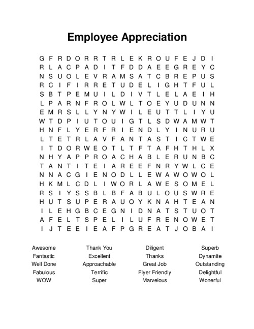 Employee Appreciation Word Search Puzzle
