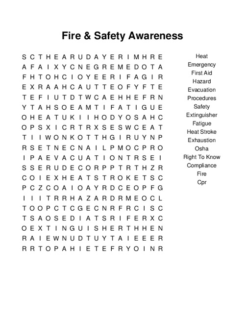 Fire & Safety Awareness Word Search Puzzle