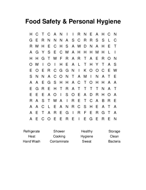 Food Safety & Personal Hygiene Word Search Puzzle