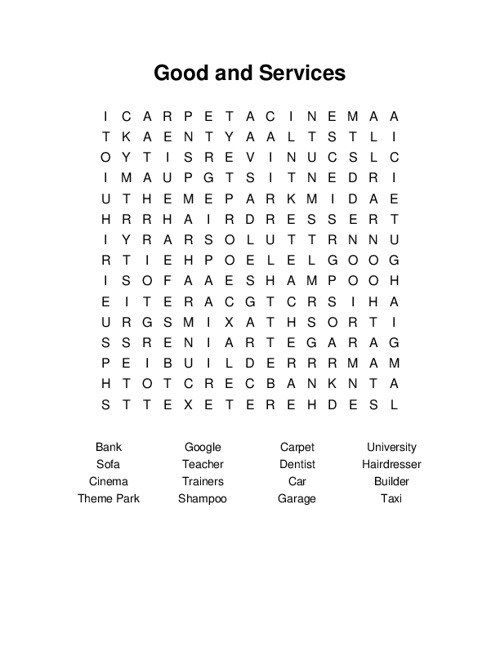 Good and Services Word Search Puzzle
