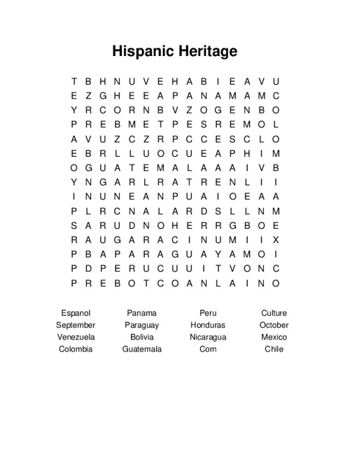 Hispanic Heritage Word Search Puzzle
