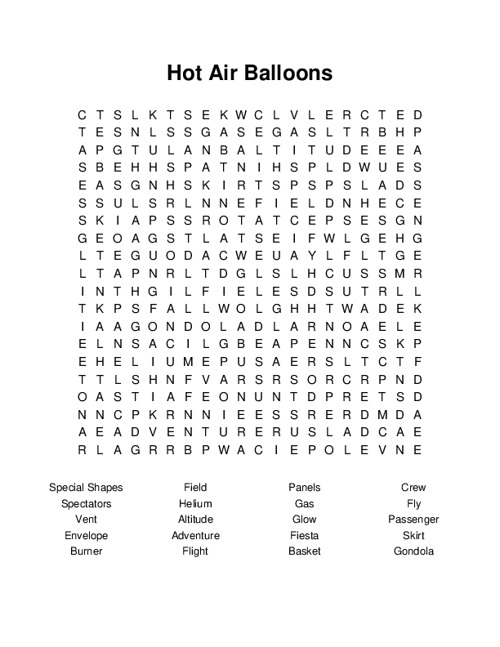 Hot Air Balloons Word Search Puzzle
