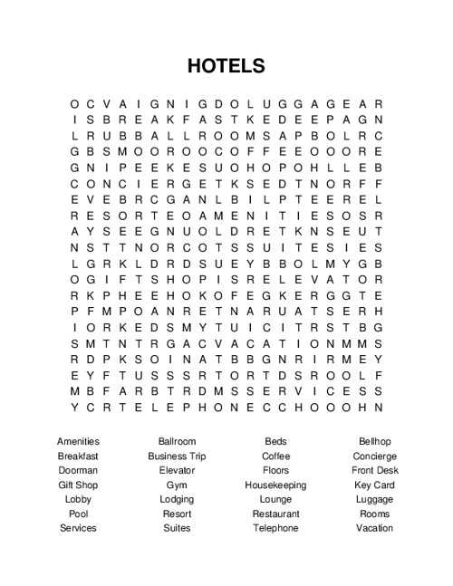 HOTELS Word Search Puzzle
