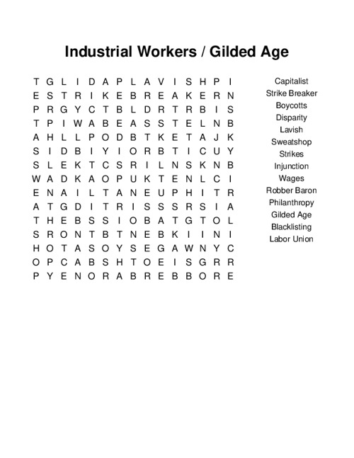Industrial Workers / Gilded Age Word Search Puzzle