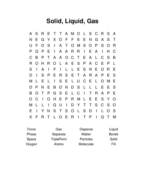 Solid, Liquid, Gas Word Search Puzzle
