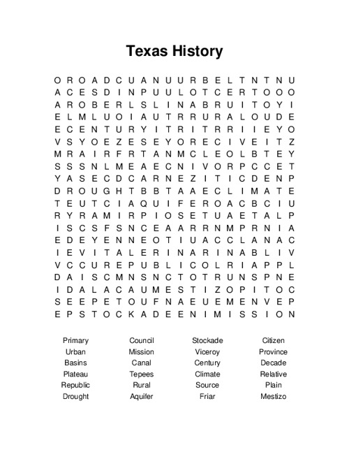 Texas History Word Search Puzzle