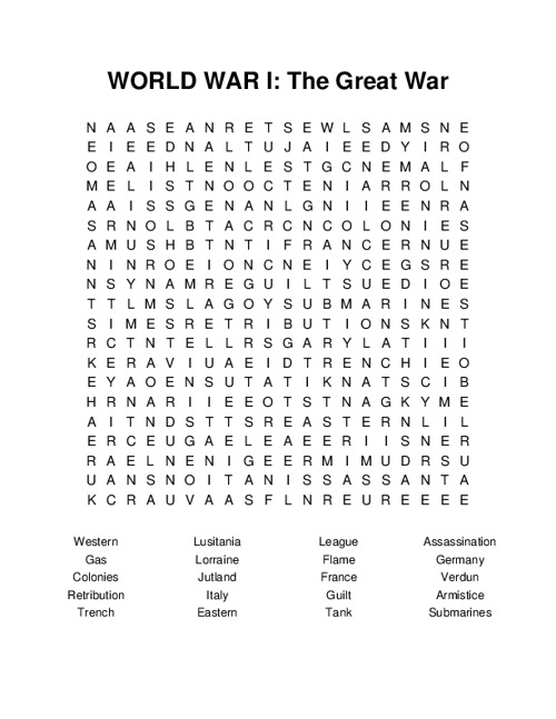 WORLD WAR I: The Great War Word Search Puzzle
