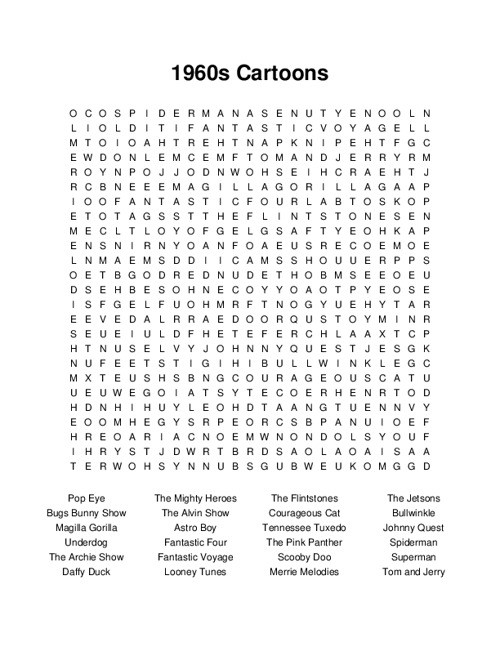 1960s Cartoons Word Search Puzzle