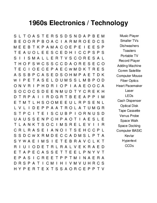 1960s Electronics / Technology Word Search Puzzle