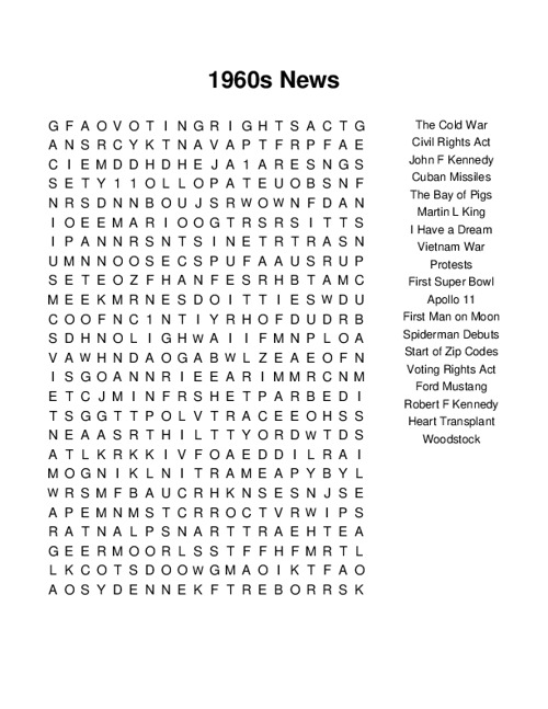 1960s News Word Search Puzzle
