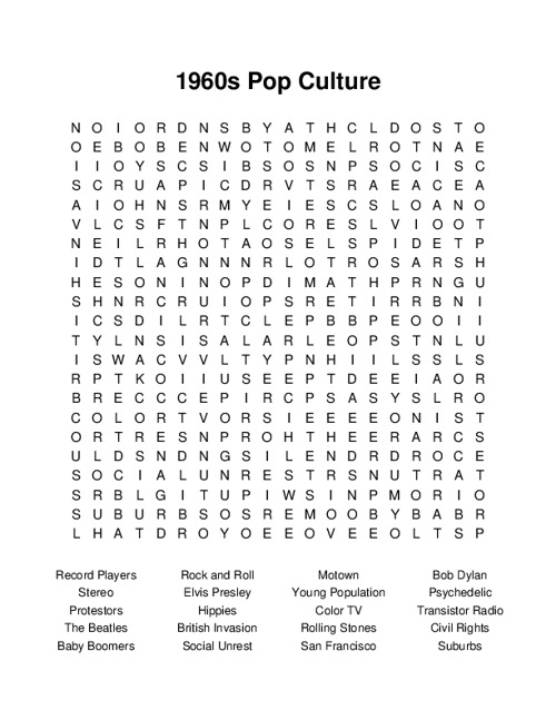 1960s Pop Culture Word Search Puzzle