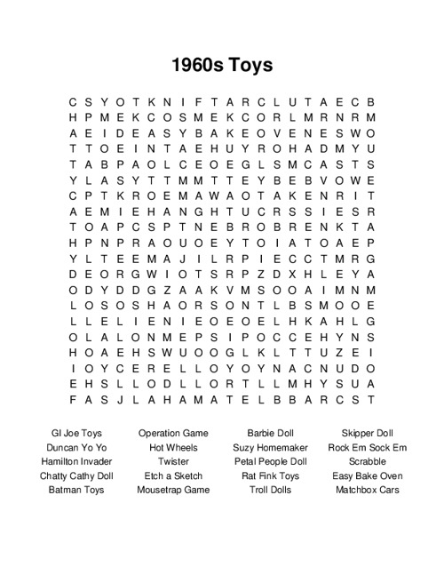 1960s Toys Word Search Puzzle