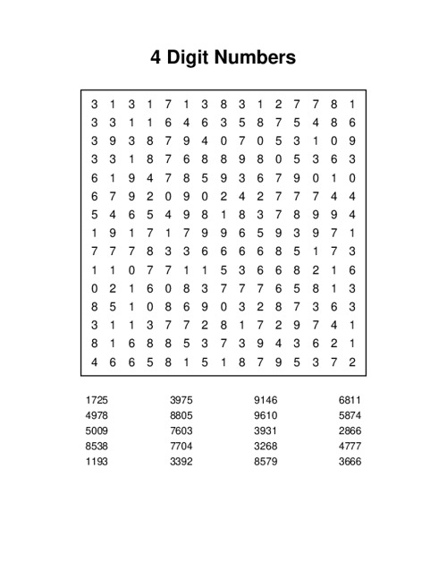 4 Digit Numbers Word Search Puzzle