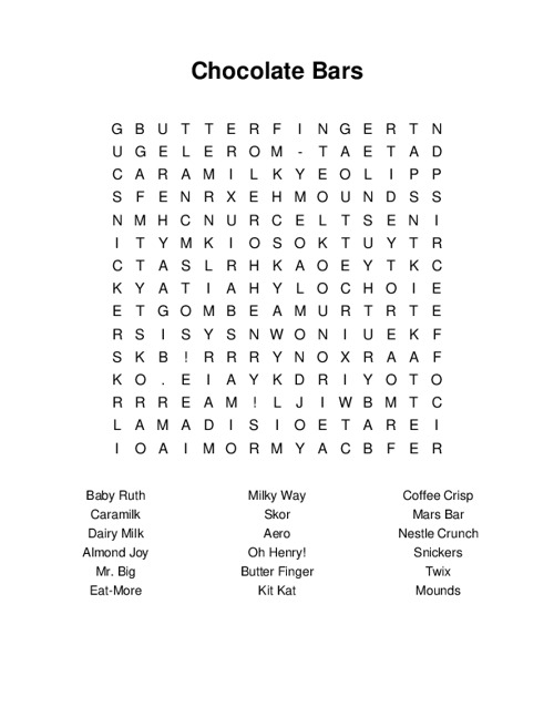 Chocolate Bars Word Search