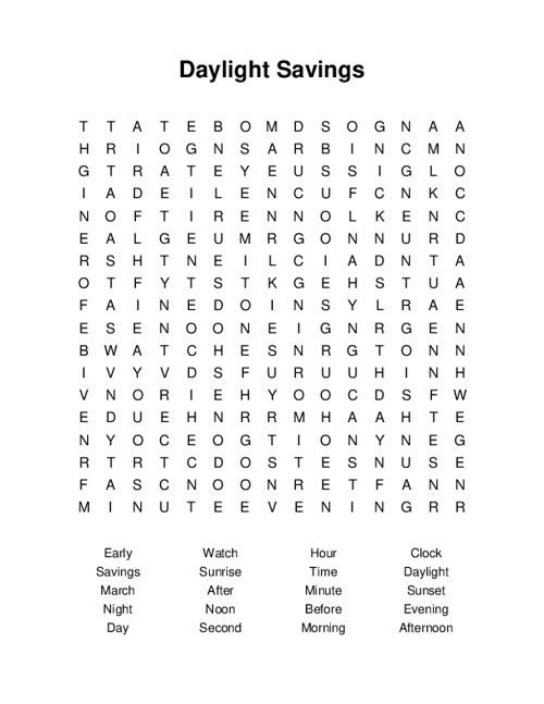 Daylight Savings Word Search Puzzle