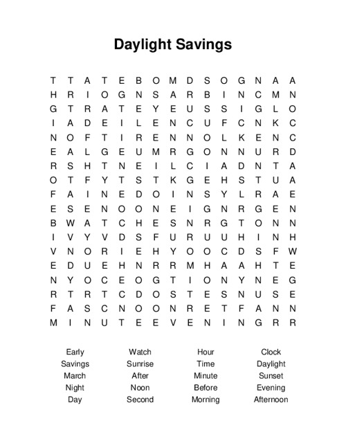 Daylight Savings Word Search