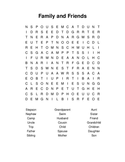 Family and Friends Word Search Puzzle