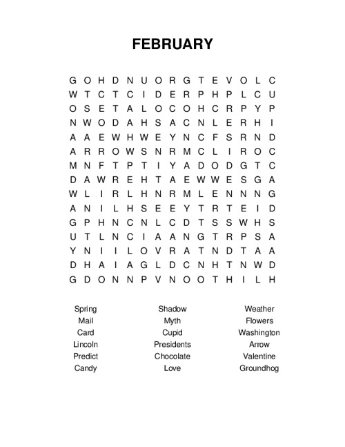 FEBRUARY Word Search Puzzle