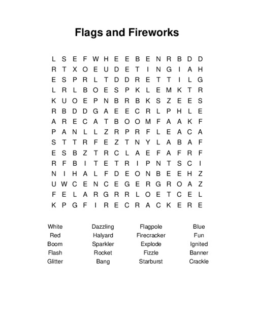 Flags and Fireworks Word Search Puzzle