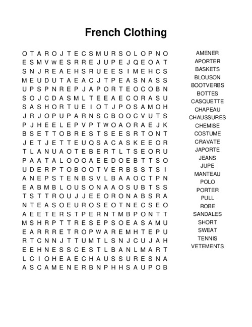 French Clothing Word Search Puzzle