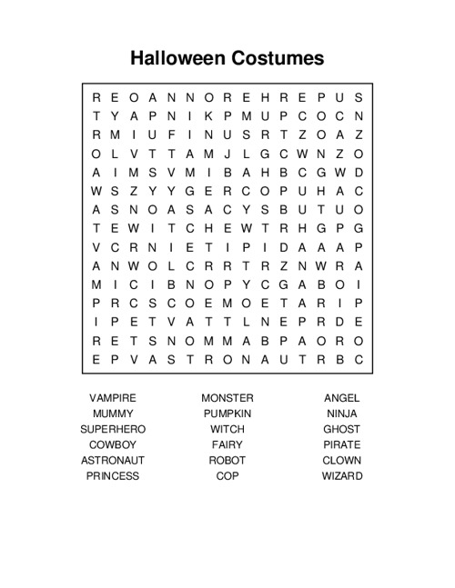 Halloween Costumes Word Search Puzzle
