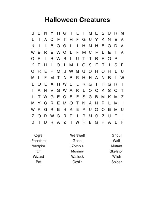 Halloween Creatures Word Search Puzzle