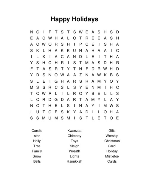 Happy Holidays Word Search Puzzle