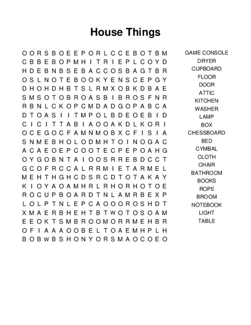 House Things Word Search Puzzle