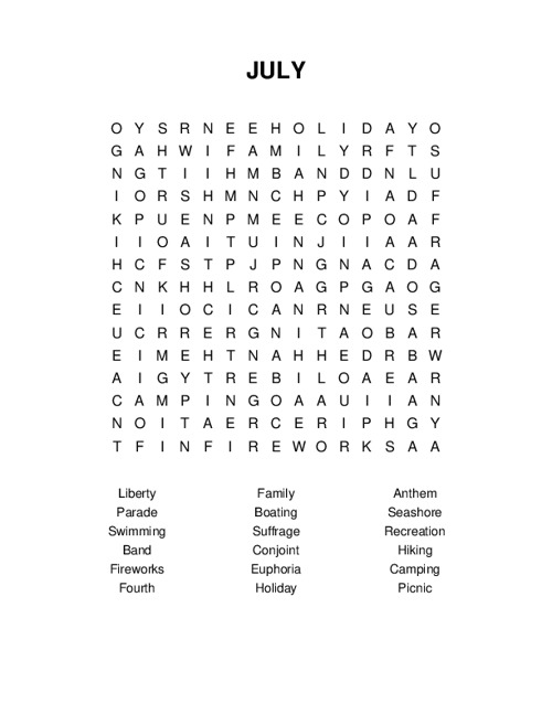 JULY Word Search Puzzle