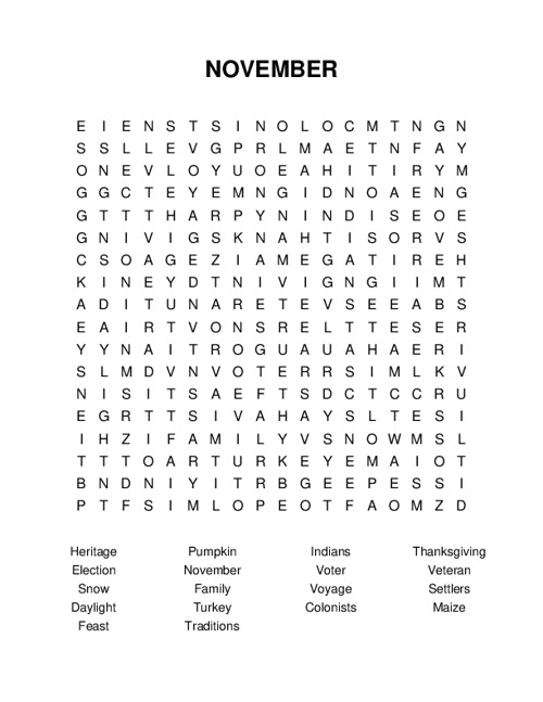NOVEMBER Word Search Puzzle