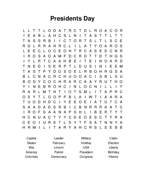Presidents Day Word Search Puzzle