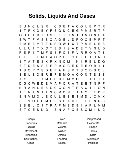 Solids, Liquids And Gases Word Search Puzzle