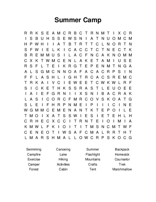 Summer Camp Word Search Puzzle