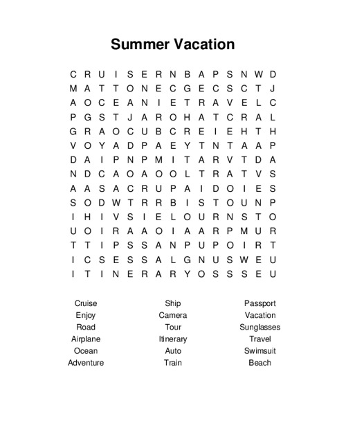 Summer Vacation Word Search Puzzle