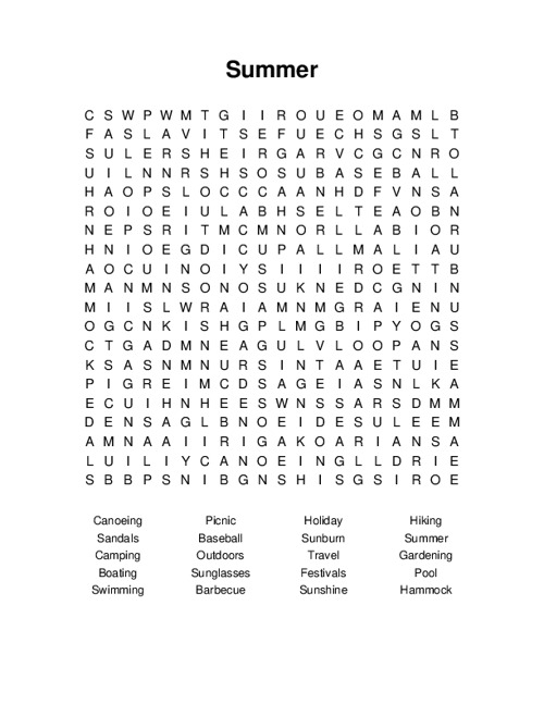 summer word search answer key