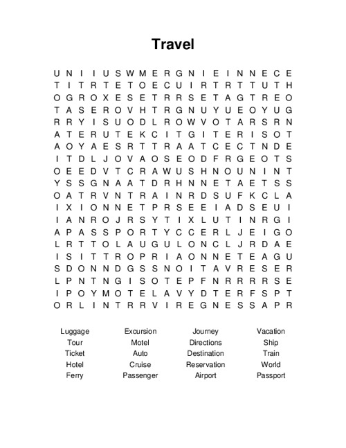 Travel Word Search Puzzle
