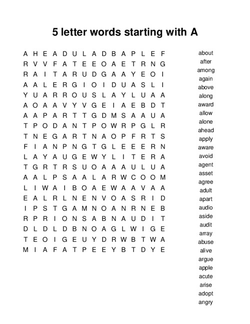 5 letter words starting with A Word Search Puzzle