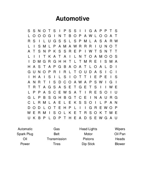 Automotive Word Search Puzzle