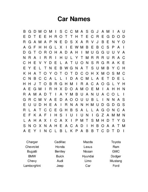 Car Names Word Search Puzzle
