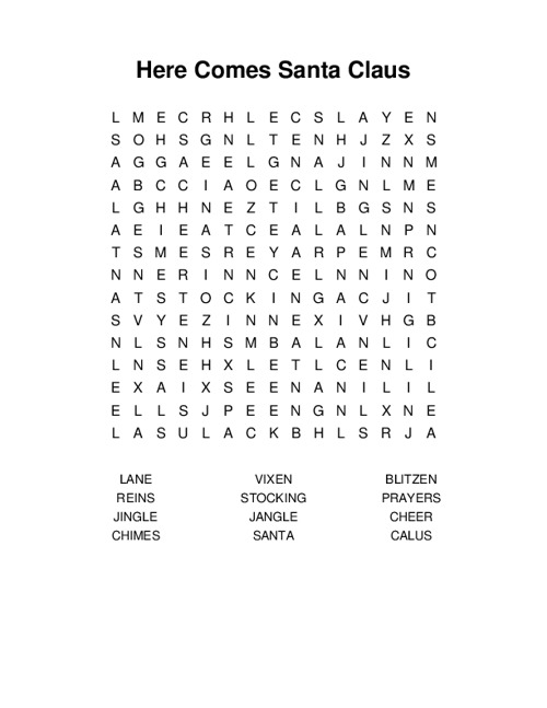 Here Comes Santa Claus Word Search Puzzle
