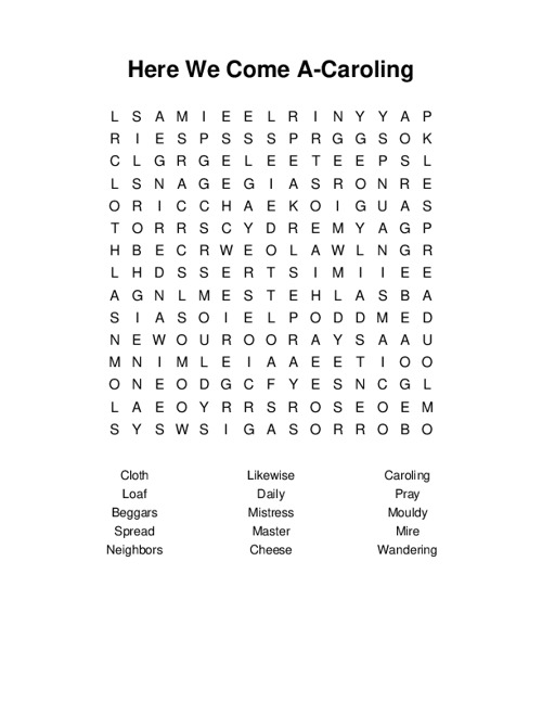 Here We Come A-Caroling Word Search Puzzle