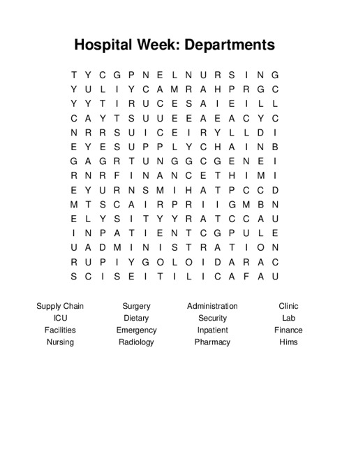 Hospital Week: Departments Word Search Puzzle